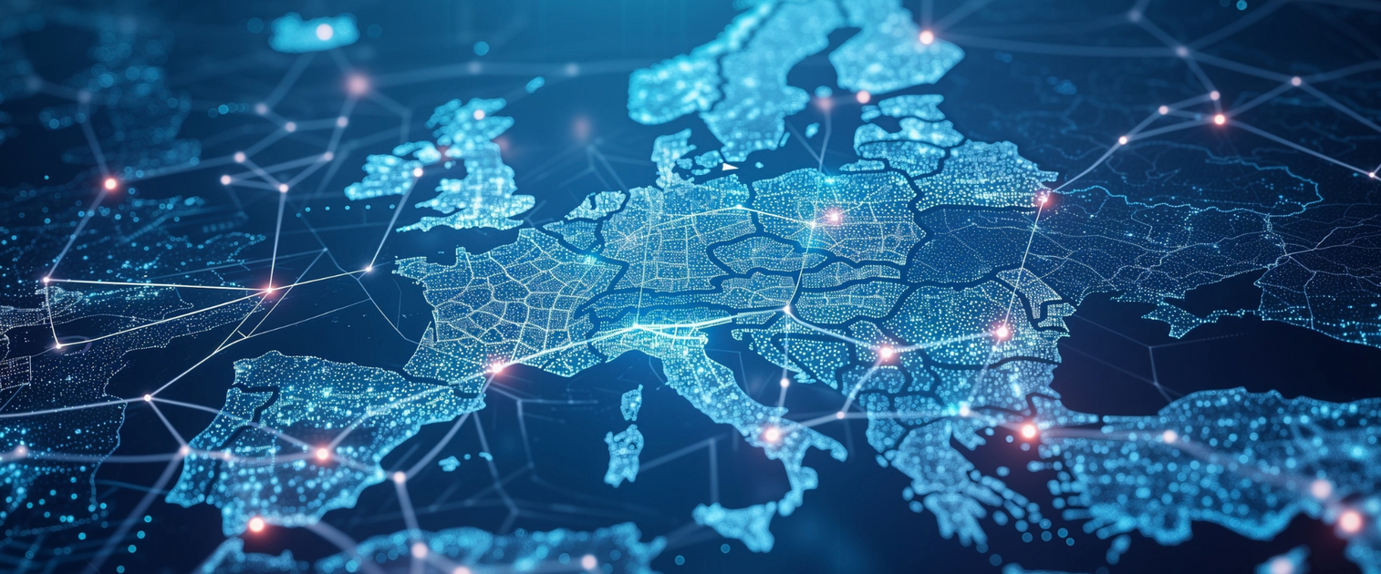 Digitale Europakarte mit leuchtenden Punkten und Verbindungslinien als Symbol für Vernetzung und Datenflüsse.