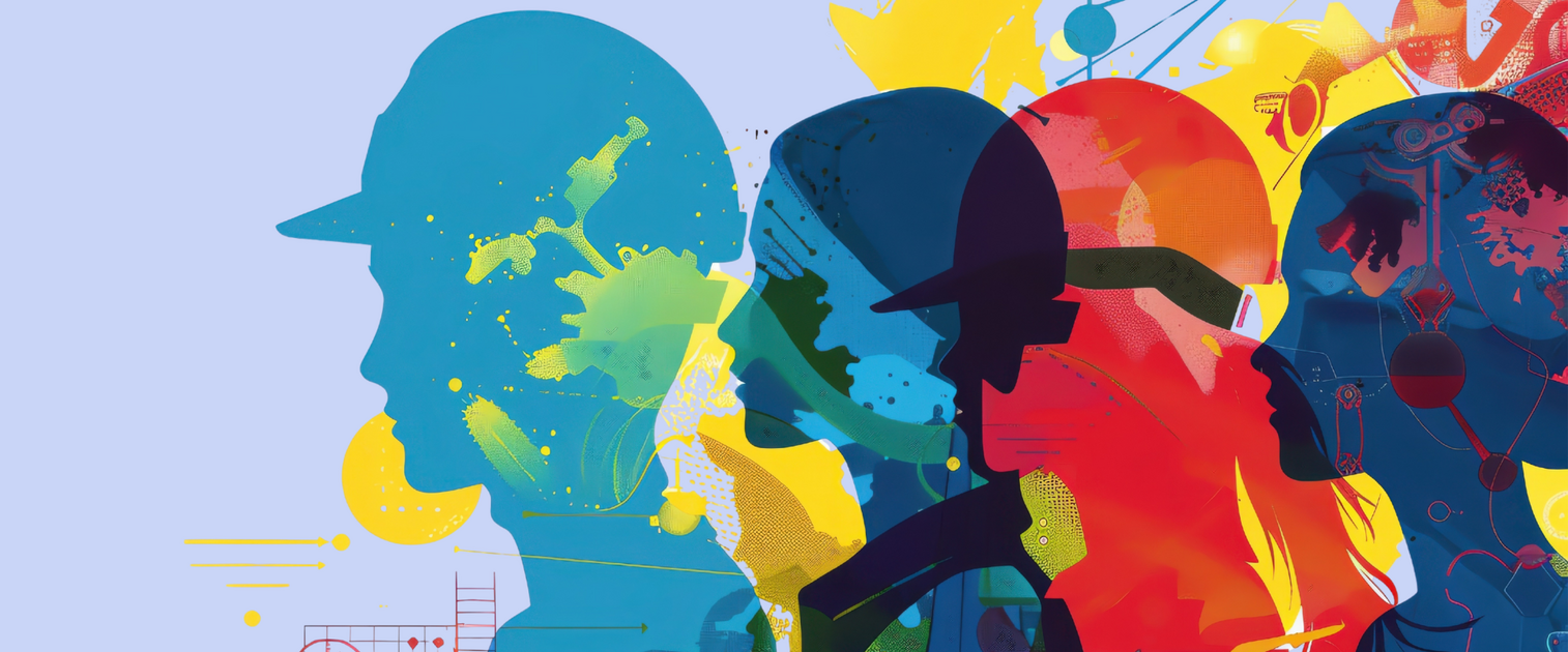 Abstrakte, farbenfrohe Illustration mehrerer überlappender menschlicher Silhouetten im Profil, dazu Farbspritzer und grafische Symbole. ie Komposition vermittelt Vielfalt, unterschiedliche Perspektiven und menschliche Individualität.