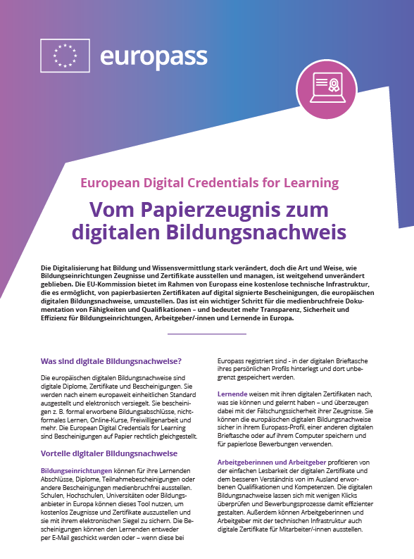 Erste Seite des Infoblattes European Digital Credentials for Learning