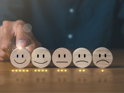 Fünf Holz-Smileys nebeneinander, von einem lächelnden Gesicht mit fünf Sternen darunter bis hin zum fünften mit unzufriedenem Gesicht und 1 Stern darunter. Eine Mann tippt den ersten Smiley mit dem Finger an.